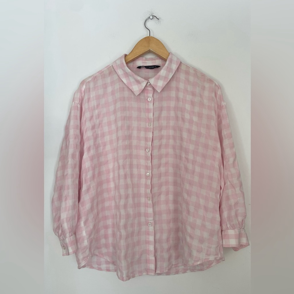 ZARA Pink & White Gingham Oversized Shirt xs Coastal Preppy Summer Button Down - Picture 2 of 6